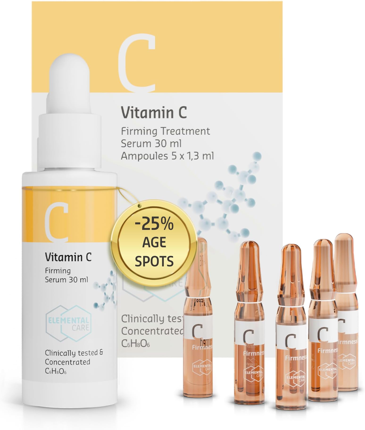 Elemental Care Vitamin C Firming Treatment Set 30ml Vitamin C Face Serum with 5x1.3ml Intensive Ampoules – Facial Serum for Firm, Glowing and Brightened Skin