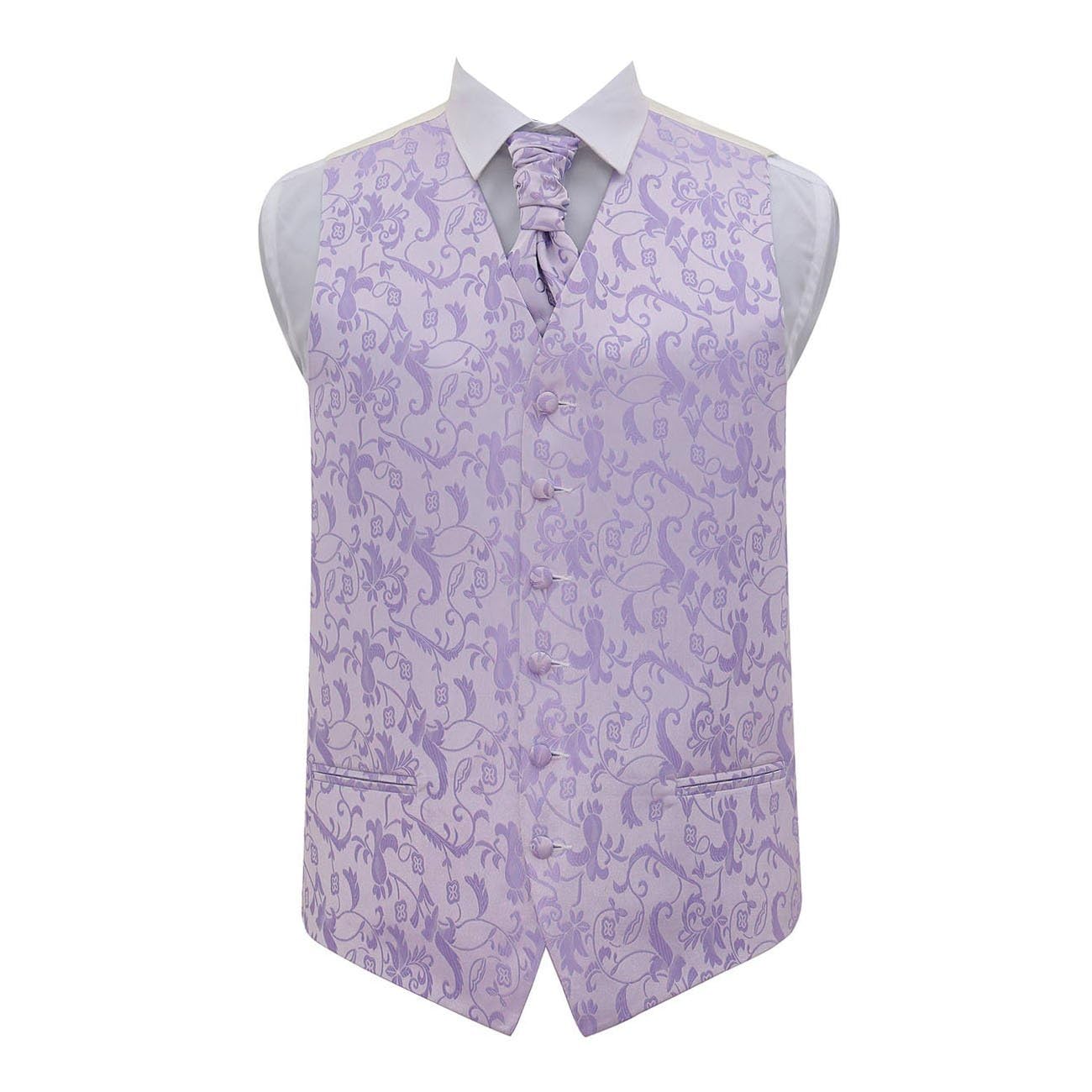 Dqt Men's Lilac Passion Floral Waistcoat Cravat Pocket Square & Cufflinks Set (4Pc) - Wedding, Business & Formal - 38" (M)