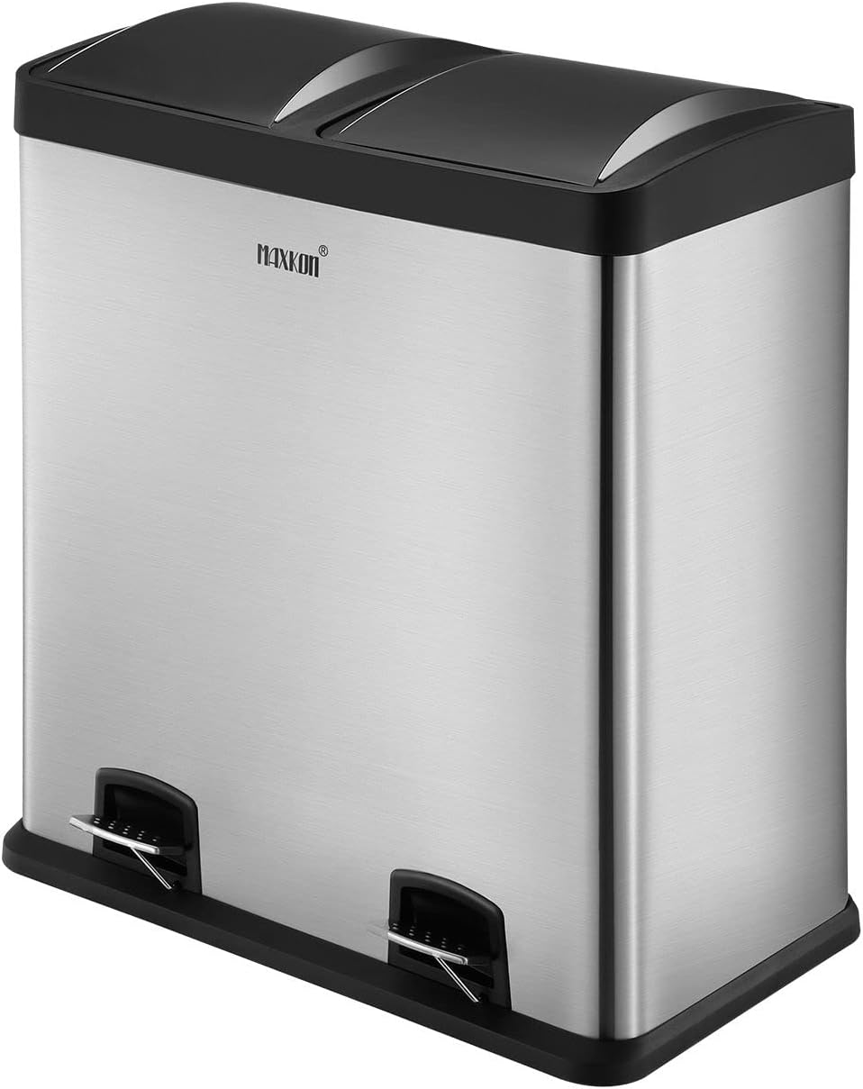 Maxkon 60L Foot Pedal Bin Dual Recycle Rubbish Bin Dual Compartment