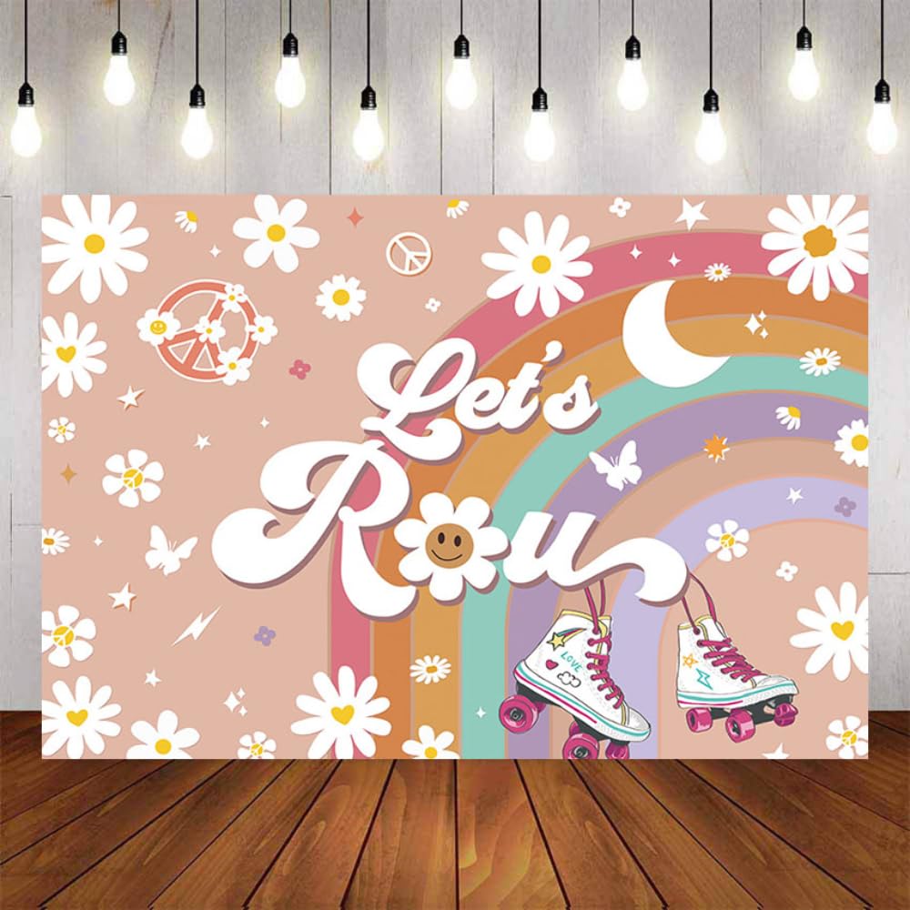 Let's Roll Theme Backdrop Groovy Rainbow Roller Skate Photography Backgroud Lets Roll Skate Party Decors for Roller Skate Girl Birthday Party Decorations Cake Table Banner (8x6ft)