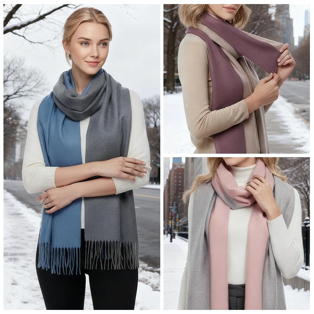 Sciarpa Lana Donna 200×70 cm Effetto Cachemire Calda Morbida Oversize Reversibile Con Frange Scatola Regalo