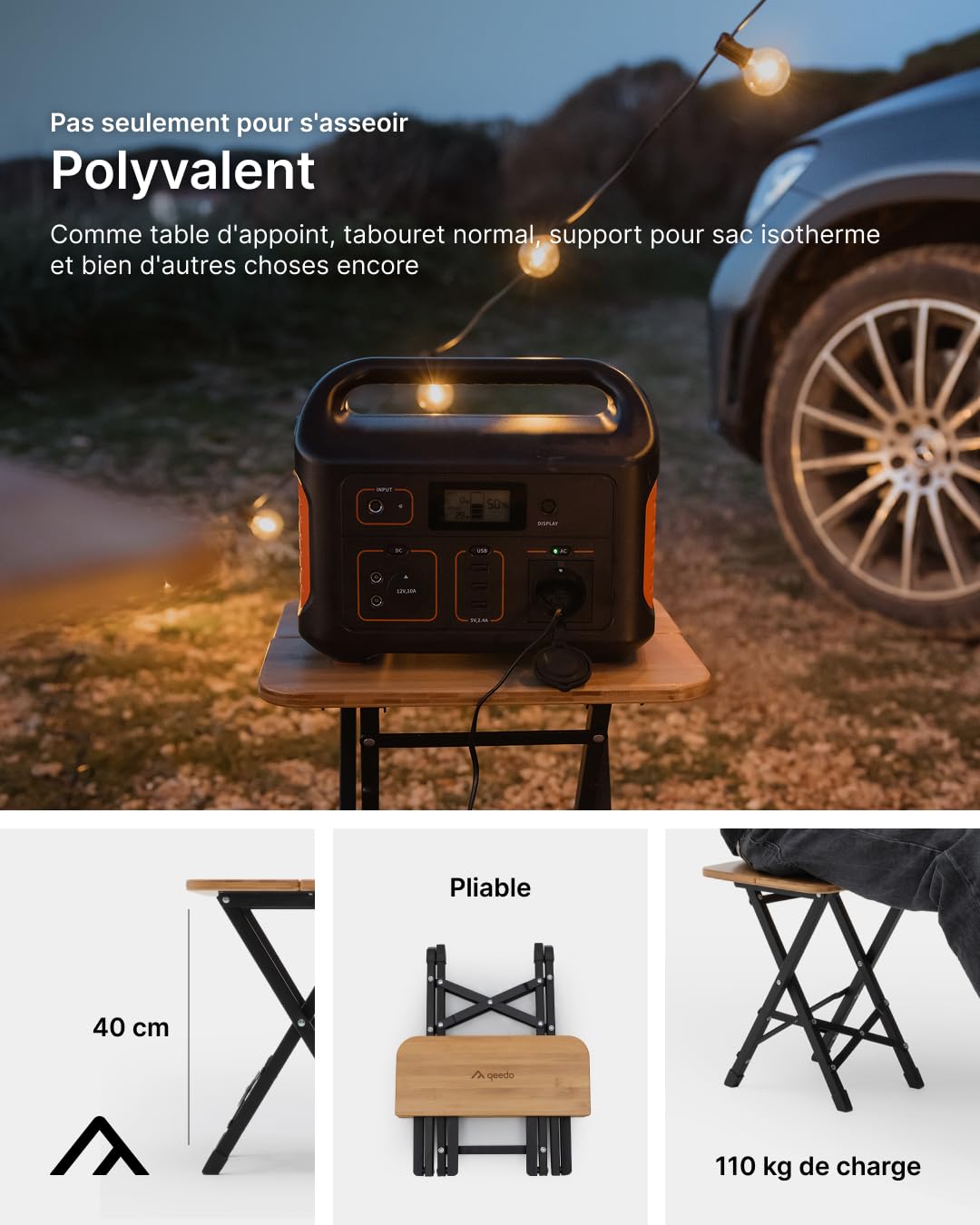 qeedo Garry Set de 2 tabourets de Camping Pliables - Tabouret en Bois de Bambou