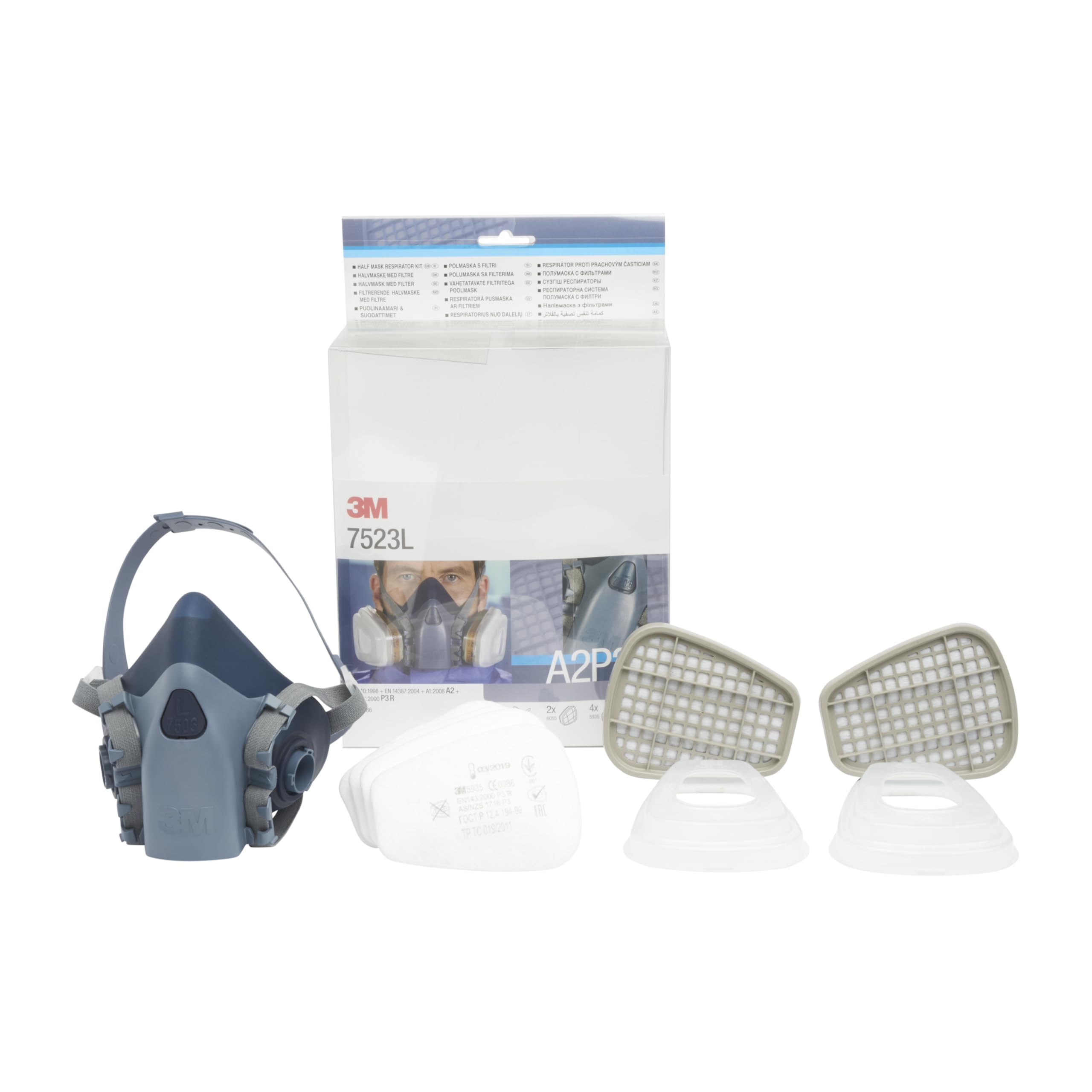 3M Gase-& Dämpfe-Maskenset mit 1 Stück 7503 Halbmaske (Größe L), 2 Stück 6055 A2 Gasfilter, 4 Stück 5935 P3R Partikelfilter, 2 Stück 501 Deckel, 7523L, EN-Sicherheit zertifiziert bei | Günstiger Preis
