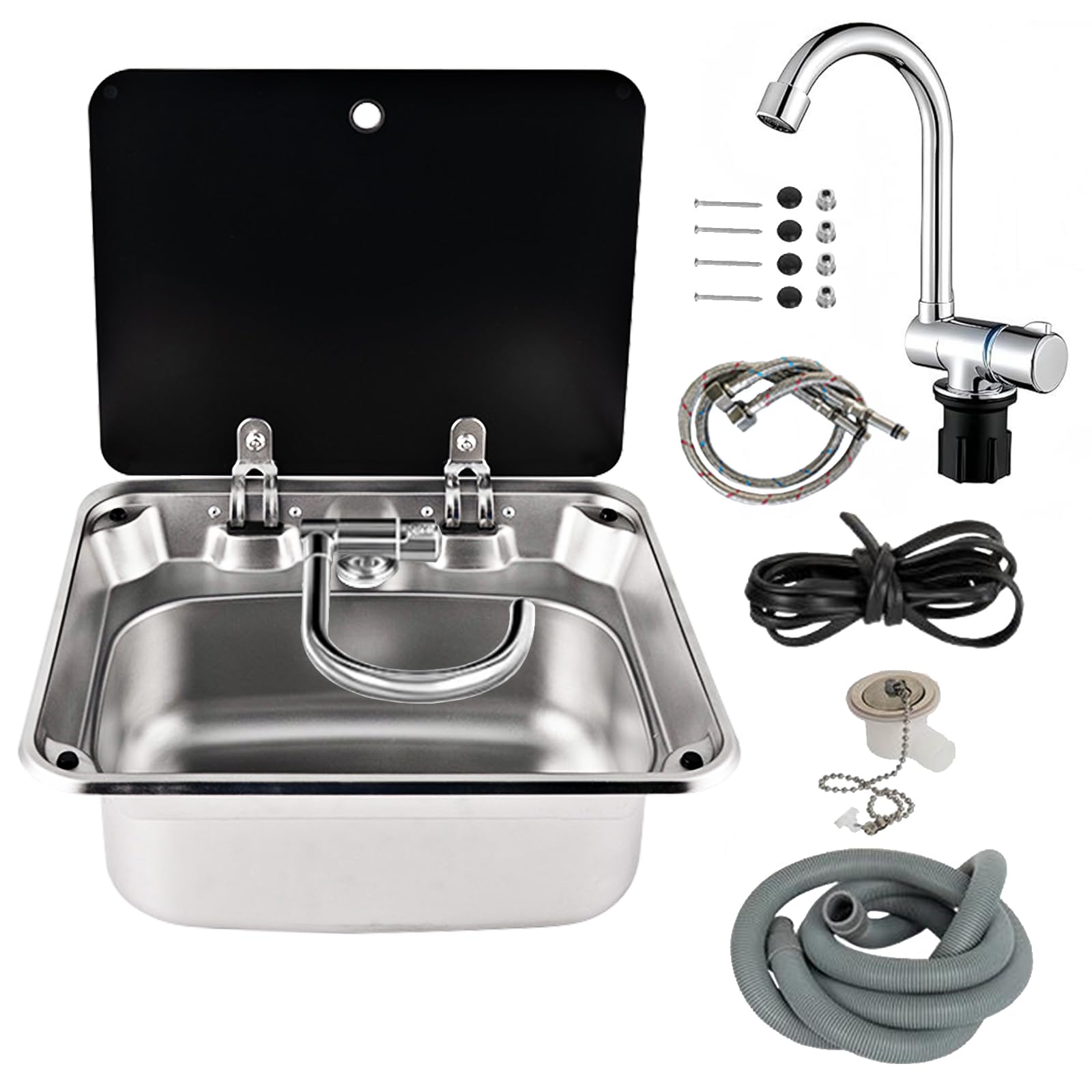 Évier de cuisine avec couvercle, 41,9 x 37,6 x 15 cm, en acier inoxydable 304 avec robinet pivotant à 360° pliable et couvercle en verre trempé pour caravane, camping-car, camping-car