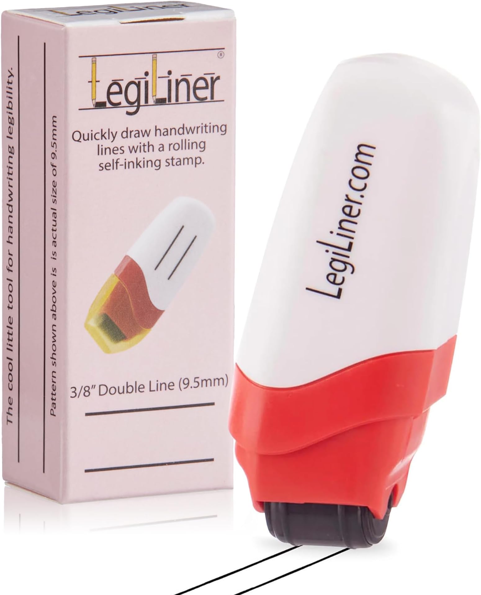 LEGILINER 3/8" Double Solid Line (White) Wide Rule Teacher Stamp – Two-Line Handwriting Pattern. Classroom & Home Use. Refillable Ink Writing Practice Roller Stamp for Primary School.
