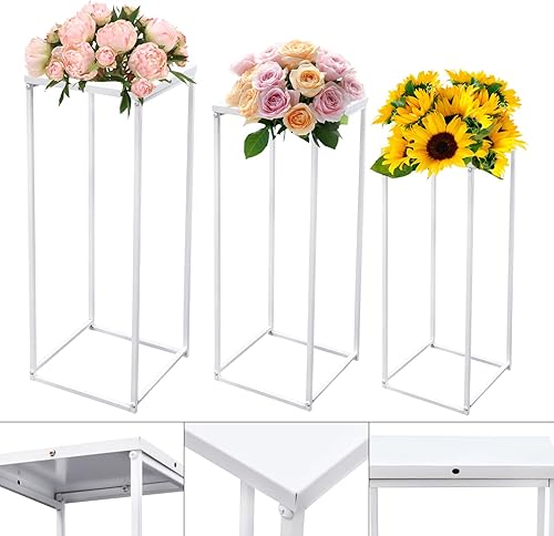 Miniatura 5 de DouSeiAi 3Pcs Wedding Flower Stand Metal Centerpieces for Tables Flower Plants Vase White Tall Floor Vase Column Geometric Flower Stand for Weddings