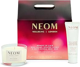 NEOM- Moment of Calm Gift Set I Contains Real Luxury Travel Candle 75g Real Luxury Multi-Mineral Body Milk 30ml I 100% Natural scents I Lavender, Jasmine and Sandalwood