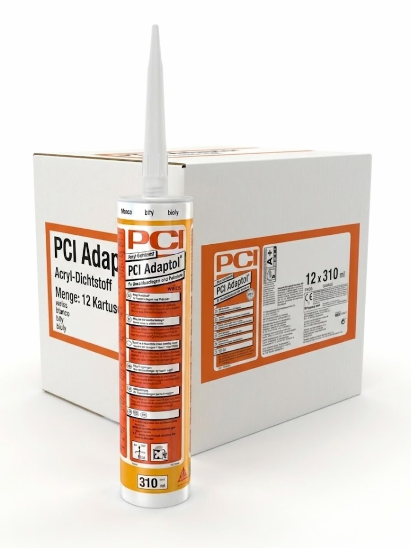 12x PCI Adaptol Acryl Dichtstoff 310 ml in Weiss für Anschlussfugen, Putzrisse, Mauerwerk, Bauanschlüsse überstreichbar, überputzbar innen & außen, plasto-elastisch, witterungsbeständig