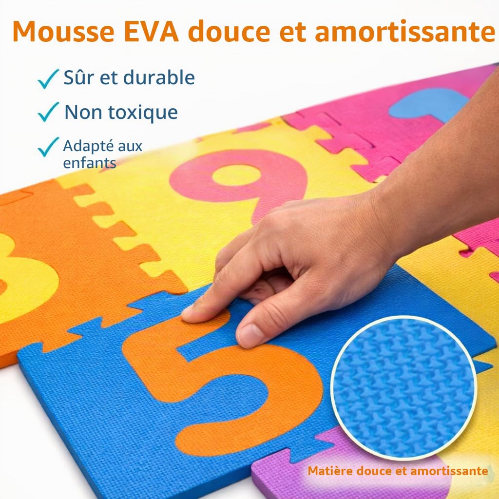 Jeu de marelle pour enfants – Tapis géant en mousse EVA – Ensemble de jeu de jardin intérieur et extérieur – 10 carreaux de chiffres emboîtables avec 4 palets – Jeu de fête familial rembourré doux