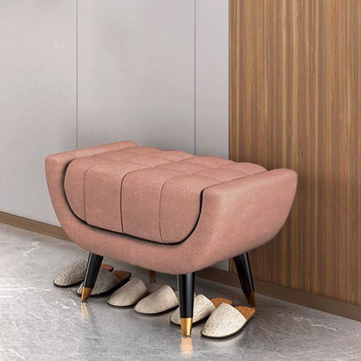 Tabouret de vanité rose en bois avec coussin rembourré rectangle pour chambre et coiffeuse