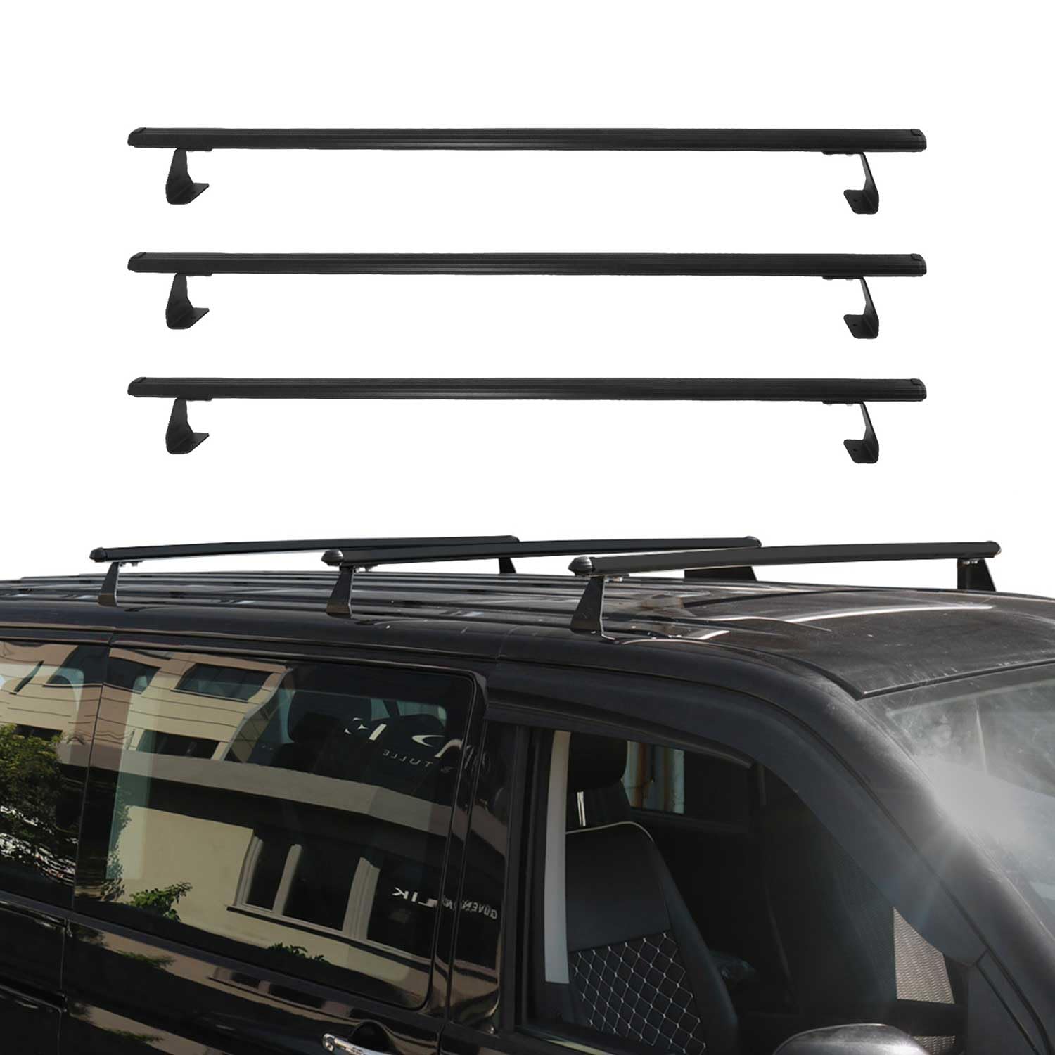 OMAC Heavy Duty Barras de Techo Transversales Compatibles con VW T5 T6 Transporter Multivan Caravelle 2003-2024 – 3 Stangen – Aluminio Negro