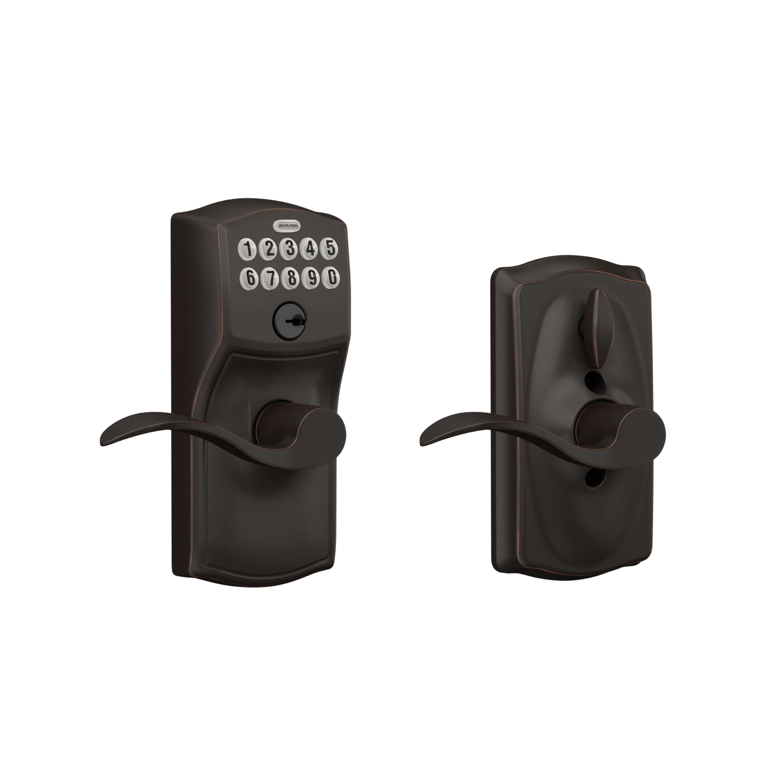 SCHLAGE FE595 CAM 716 ACC Camelot Keypad Entry with Flex-Lock and Accent Levers, Aged Bronze