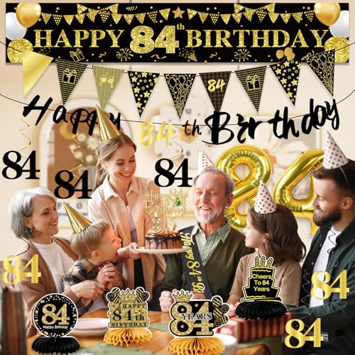 Image of 84th Birthday Decorations for Men, Black Gold 84th Party Decorations | 27pcs Happy 84th Birthdays Set: Banner, Honeycomb, Balloons, Gold Number, Candle, Hanging Swirls, Cake Topper, Party Supplies