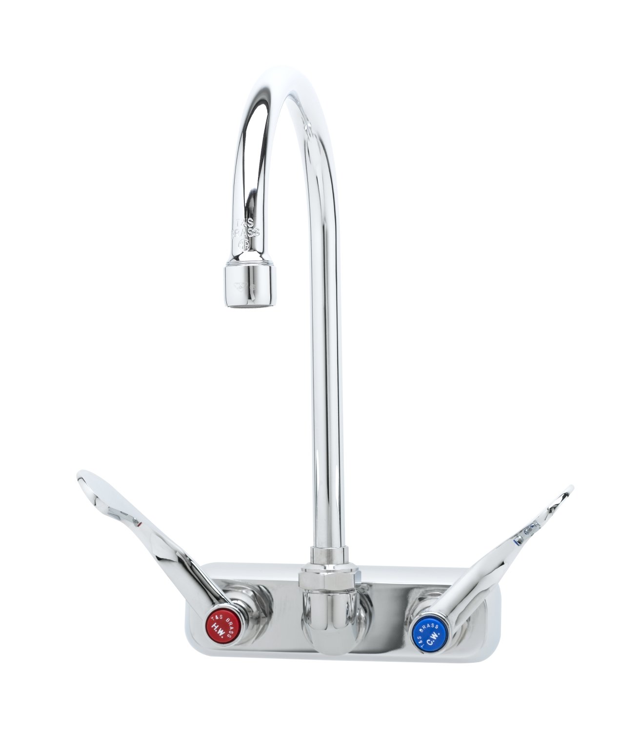 T&S Brass B-1146-04 llave de montaje en pared para mesa de trabajo con centros de 4 pulgadas, cuello de cisne giratorio y asas de 4 pulgadas de acción para muñeca