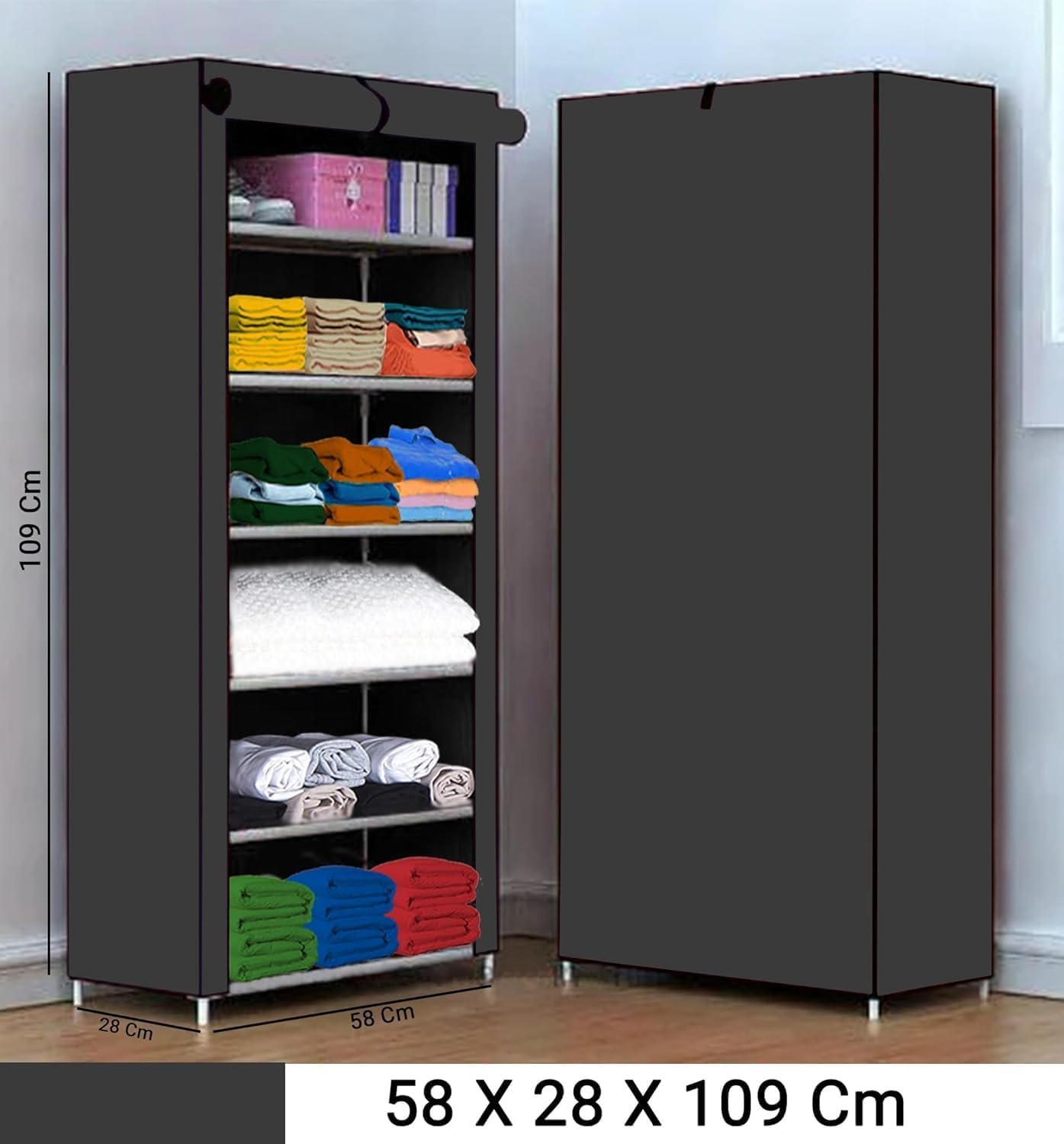 Homdox Portable Collapsible Wardrobe for Clothes Storage – Foldable Cloth Organizer Cupboard with Shelves for Bedroom & Home (Durable, Space Saving Design) (Black, 6 Tier) - Image 5 thumbnail