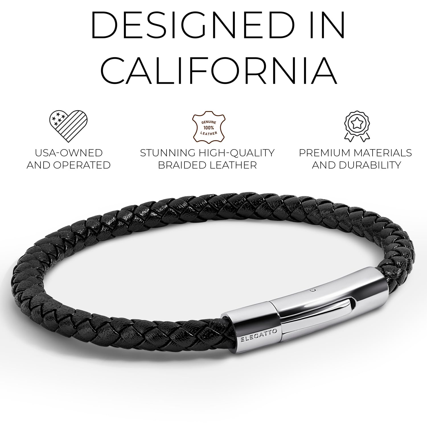 Elegatto Elagio - Pulsera de cuero trenzado de alta calidad para hombre, cuero trenzado de grano completo con cierre de acero inoxidable pulido de plata de ley, pulseras de diseño para hombre