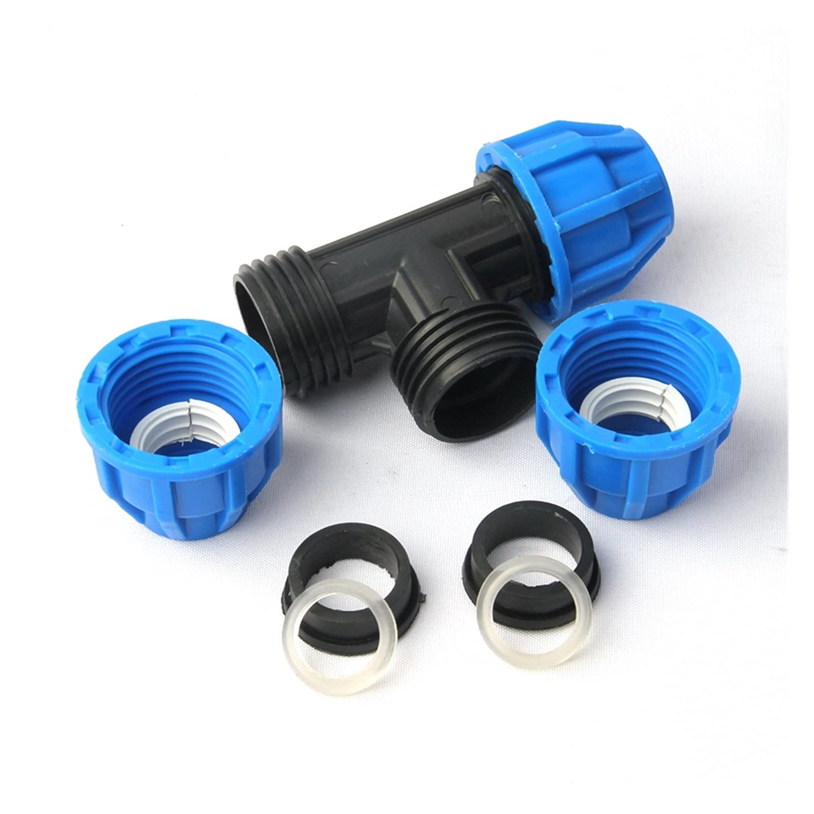 Manguera de jardín de cocina 1 50 mm 63mm Conector de camiseta de PE para el sistema de riego de invernadero agrícola Jardín Conector de tubería de tubería de agua Conector rápido