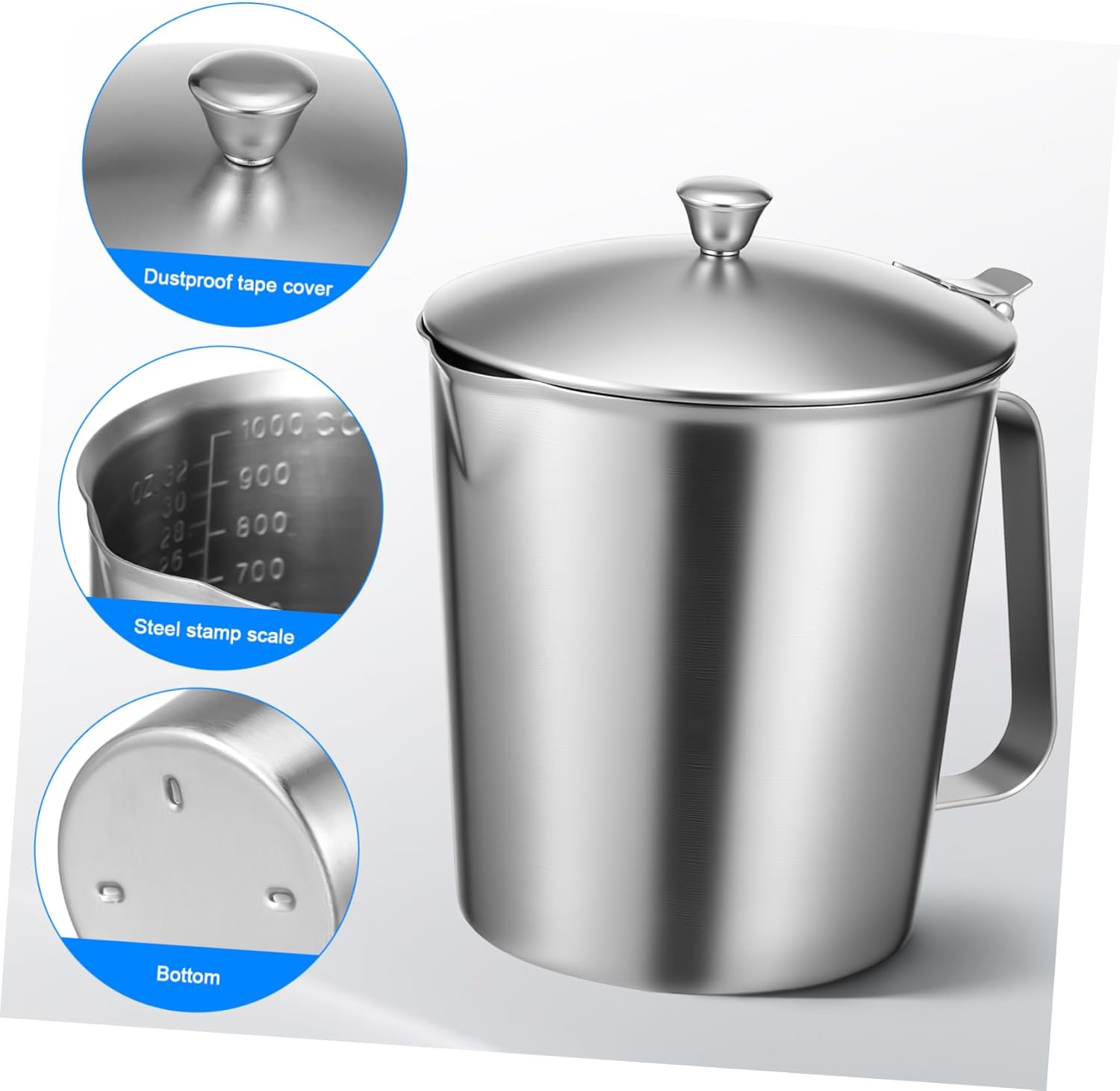 Milk Cup Lid Espresso Latte Art Cup 1000ml Scales Stainless Steel for Coffee and Milk Tea