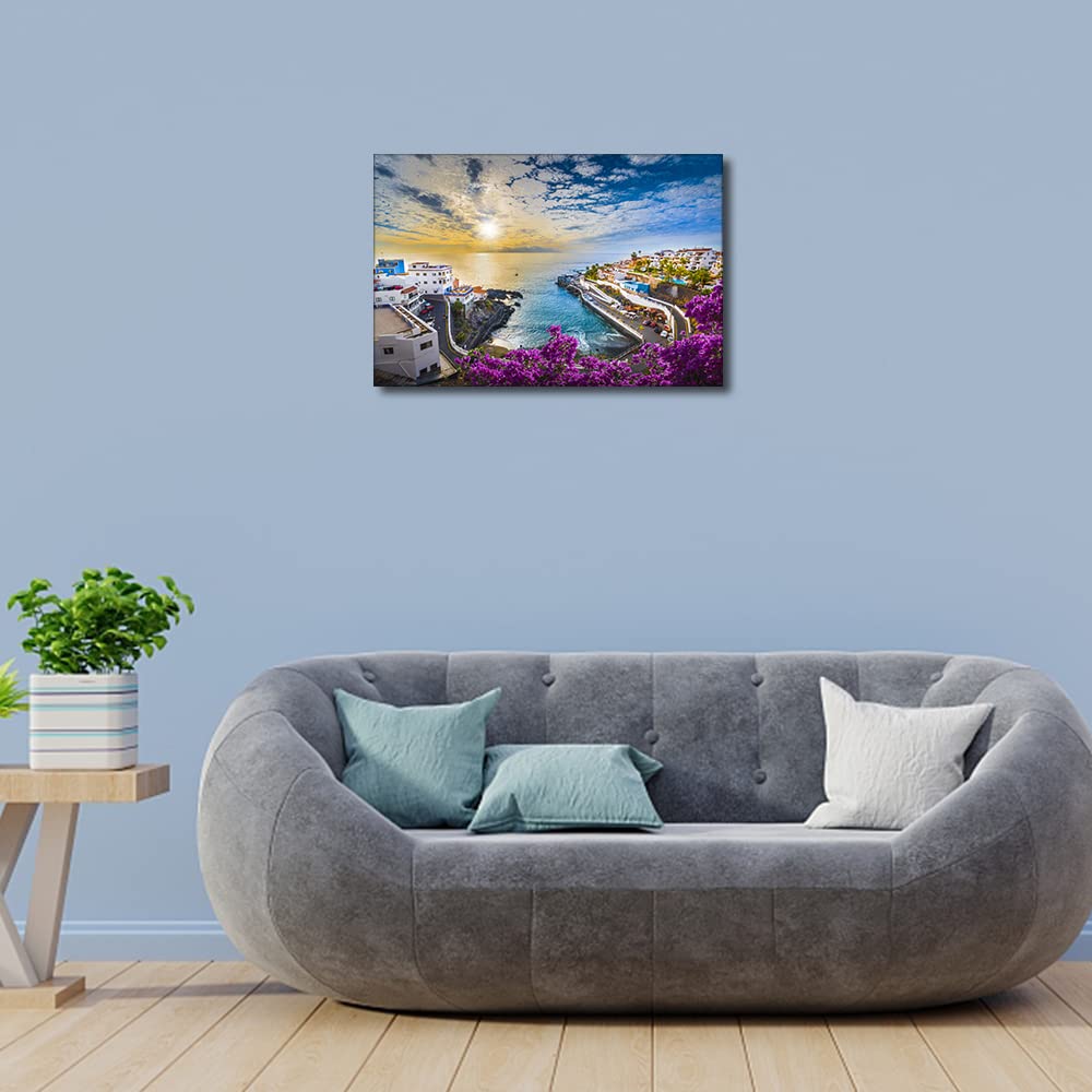 1 Panel European Coastal Towns Wall Art Decor Large Canvas Print Picture Sunset Scenery Modern Painting Artwork for Office Wall Decor Home Decoration Stretched and Framed Ready to Hang 16x24inch - Image 3