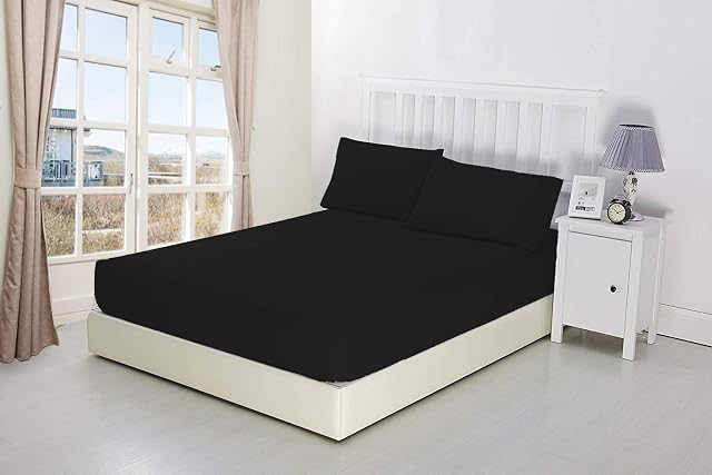 CreationsMart 100% Egyptian Cotton 10"/25CM Deep sheets Fitted - Single - Double - King - Super King Size - Bedding Bed Sheet & Pillow Pairs Case (Sold Separately) (Black, Double)