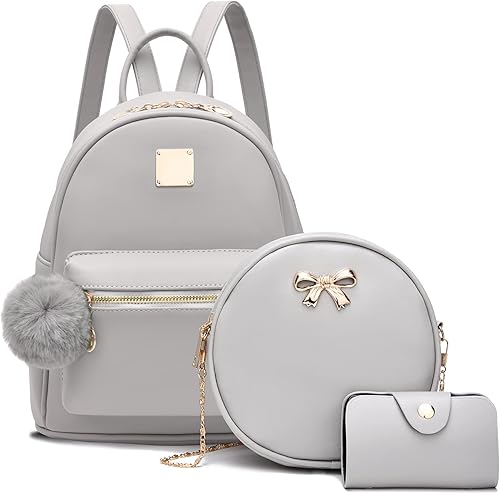Mochila de moda para mujer, 3 piezas, de cuero, mini mochila para mujer, mochila escolar con pompón, mochilas de viaje, Gris, Mochilas de viaje