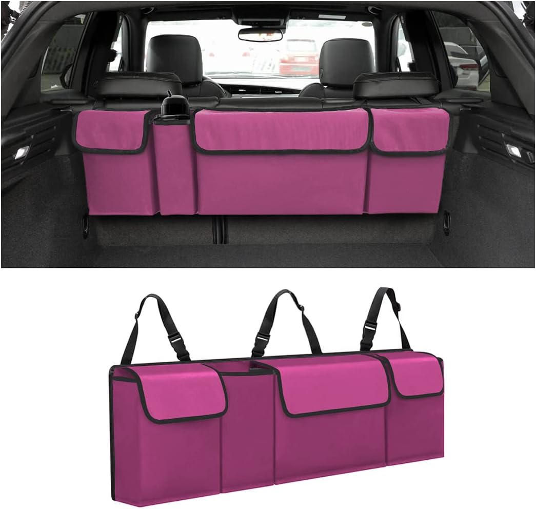 Car Trunk Organizer, Backseat Hanging Large Storage with Adjustable Straps, Waterproof Collapsible Cargo Bag with 4 Pockets, Sturdy Space Saver Frees Trunk Floor for SUV, Truck, MPV