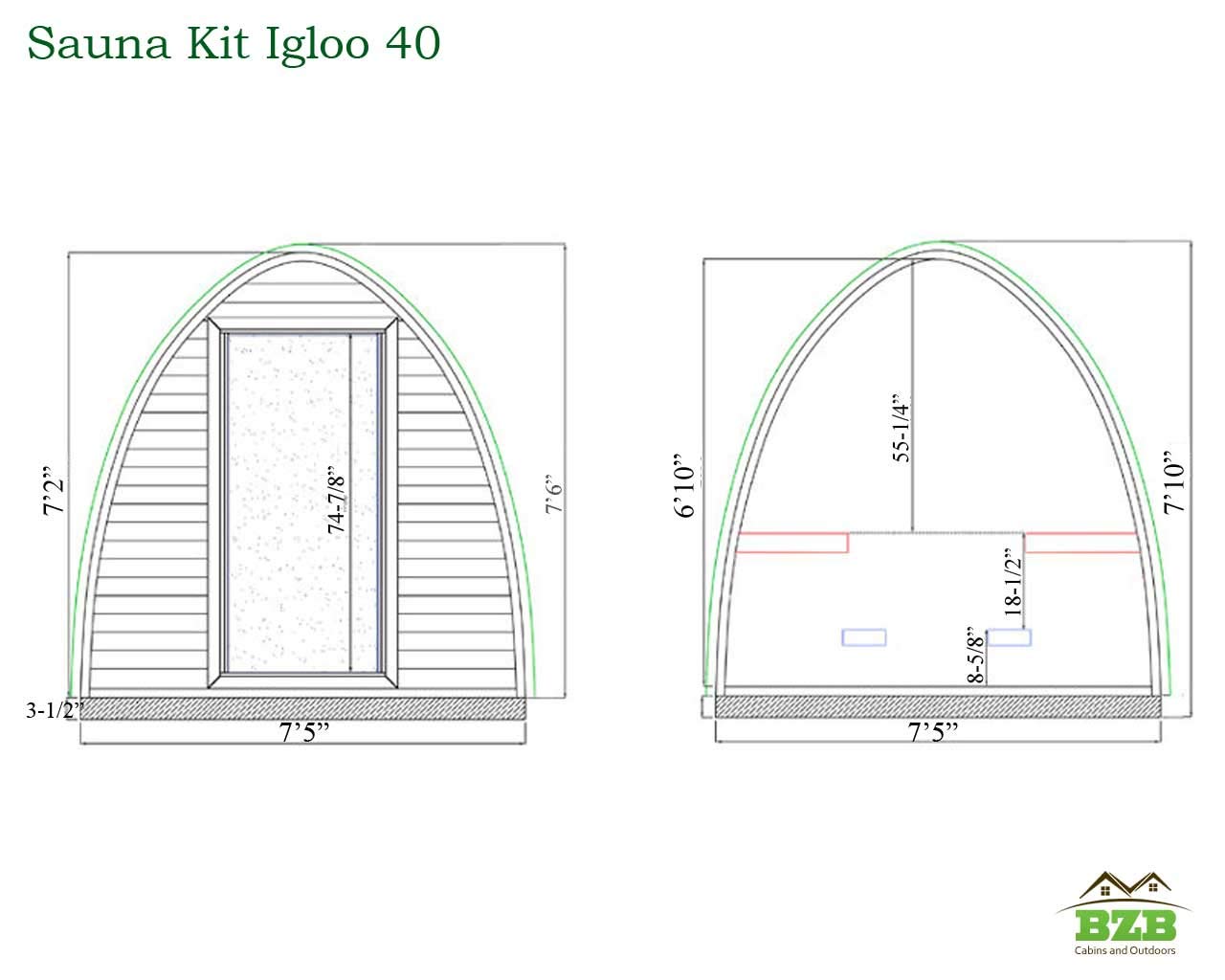 BZBCabins.com Barrel Sauna Kit Igloo 40, 8 Person Outdoor Sauna with Harvia Heater