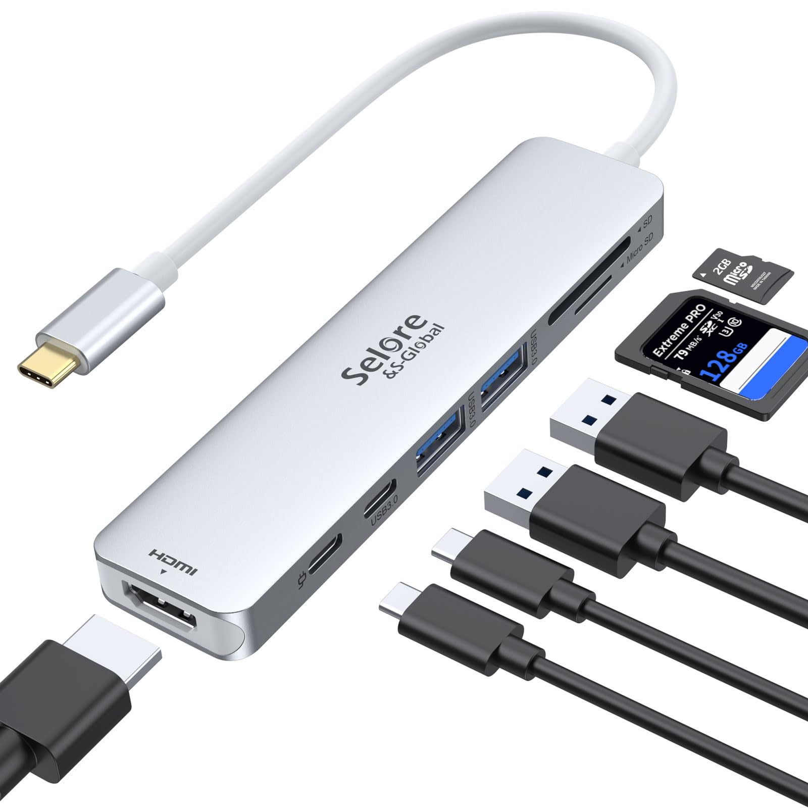 Selore&S-Global USB C Hub HDMI Adapter for MacBook Pro/Air, 7 in 1 USBC Dongle with HDMI, microSD/SD Reader, USB C Data Port,100W PD and 2 USB 3.0 Compatible for MacBook Pro/Air(Light Sliver)-image-42