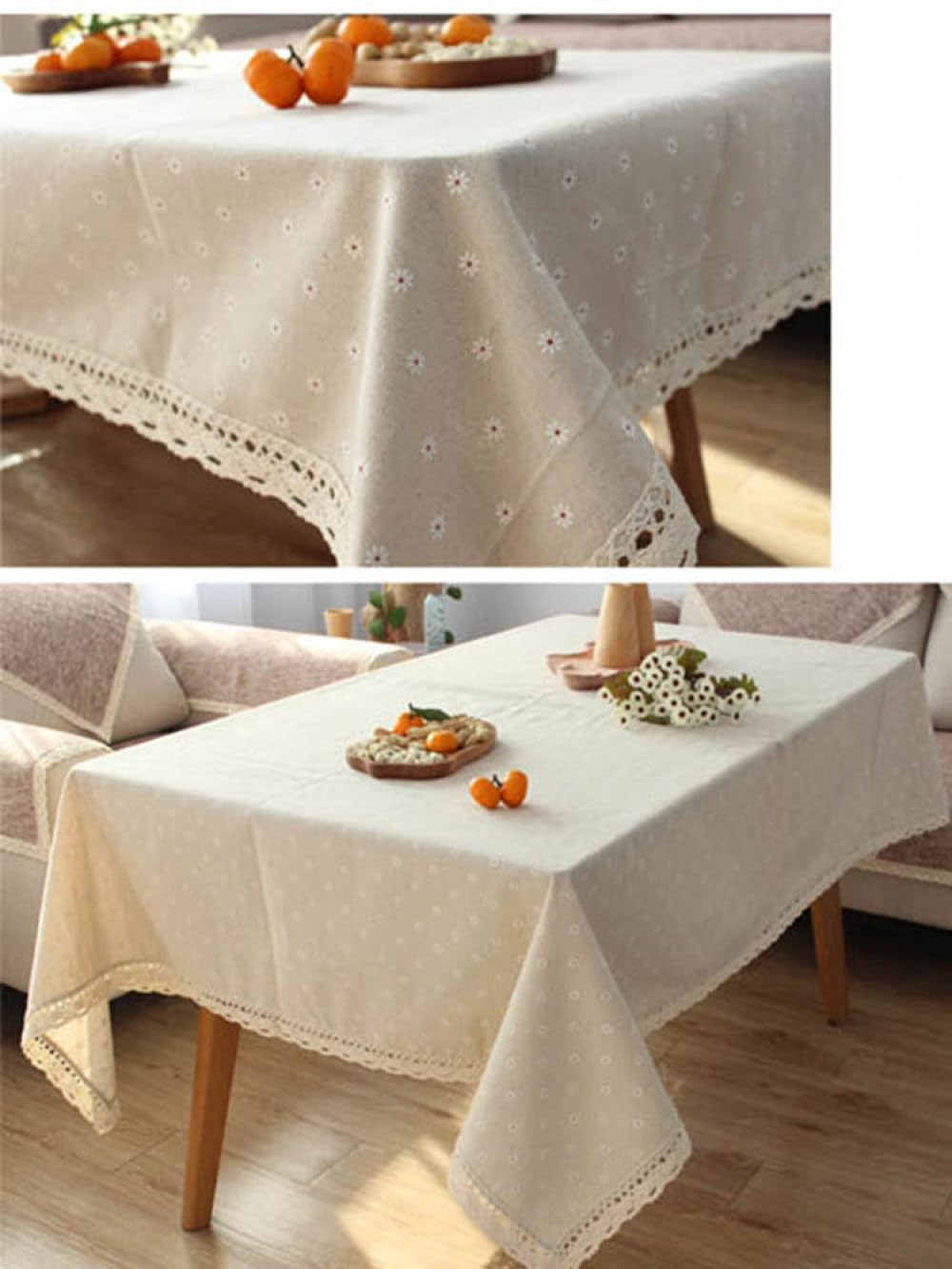 IsolaY Mantel de Lino y poliéster con Borde de Encaje, Mantel Rectangular con borlas para Cocina, Comedor, Mesa, decoración del hogar, con Cordones Blancos, 140x140cm