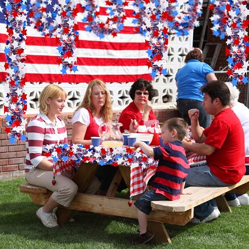 Image of 50FT 4th of July Patriotic Tinsel Garland, Glitter Tinsel Garlands with Red White Blue Star, Metallic Holiday Hanging Streamers for Memorial Day Independence Day Indoor Outdoor Party Decor