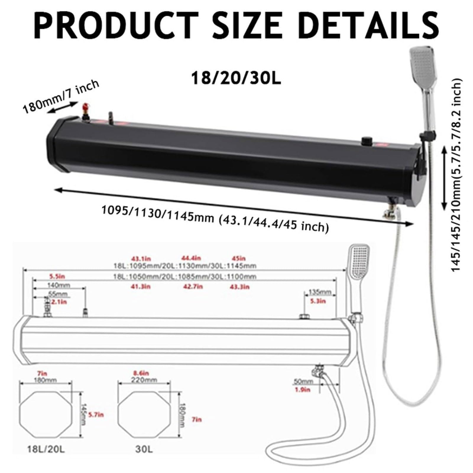 Serbatoio pressurizzato for riscaldamento solare, doccia strada | Stoccaggio for doccia campeggio tubo 1,5 m e soffione doccia, for campeggio, escursionismo, camper all'aperto(18L)