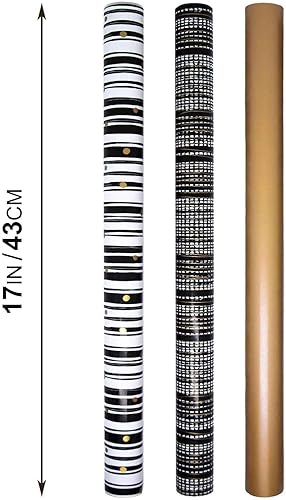 Miniatura 7 de Rollo de papel de regalo, 17 x 120 pulgadas por rollo, 3 diseños diferentes de papel de regalo negro y dorado para hombres, fiestas de cumpleaños de