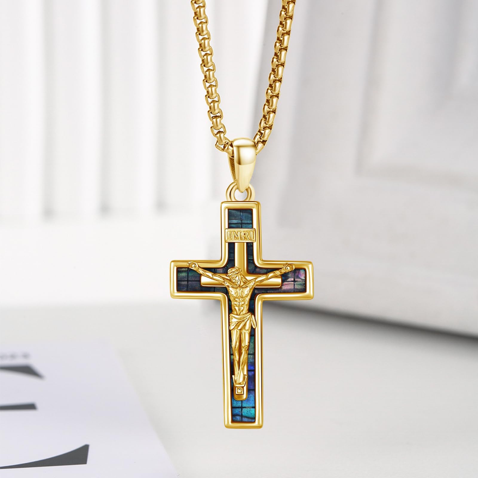 OHAYOO Kreuz Kette für Herren - 925 Silber Kruzifix Kreuzanhänger mit Abalone/Türkis/Malachit/Lapislazuli & Edelstahlkette - Christliche Silber Kette für Männer