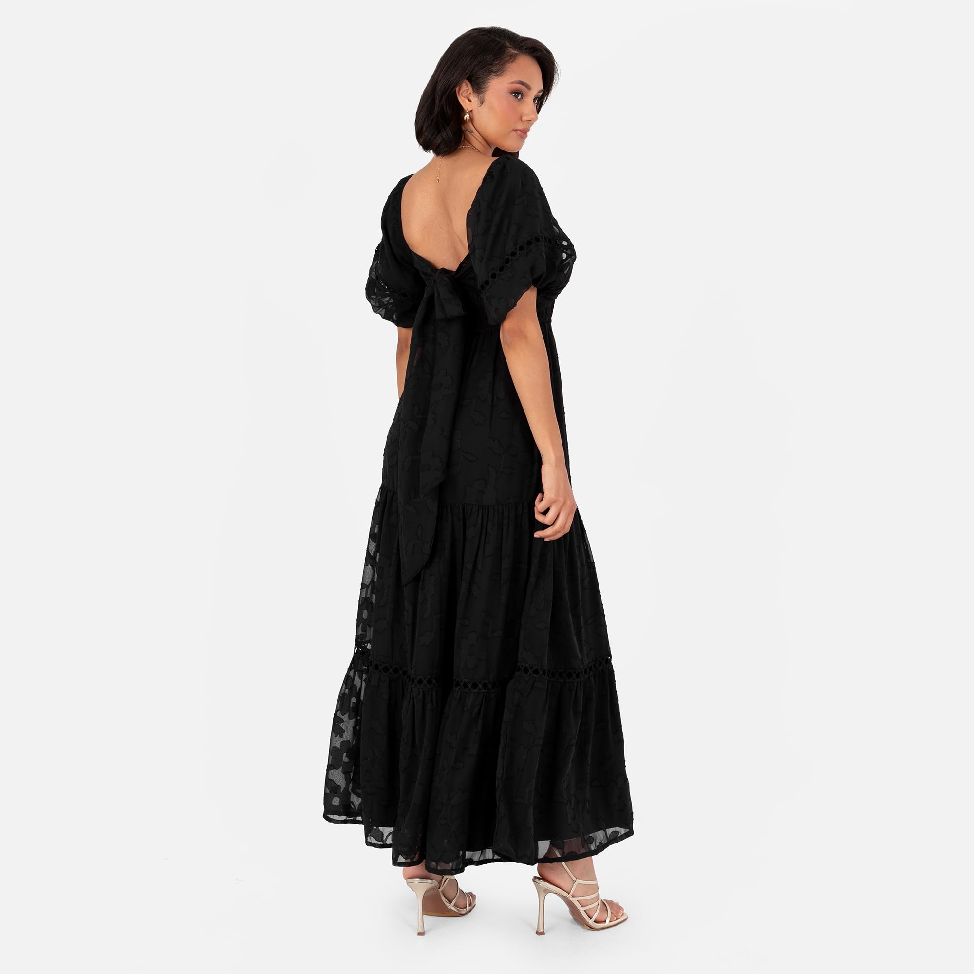 Lovedrobe Women's Maxi Dress Ladies Square Neckline Puff Sleeve Tiered Hem Floral Chiffon Shirred A-Line Tie Back Milkmaid Dress Mujer (Pack de 1)