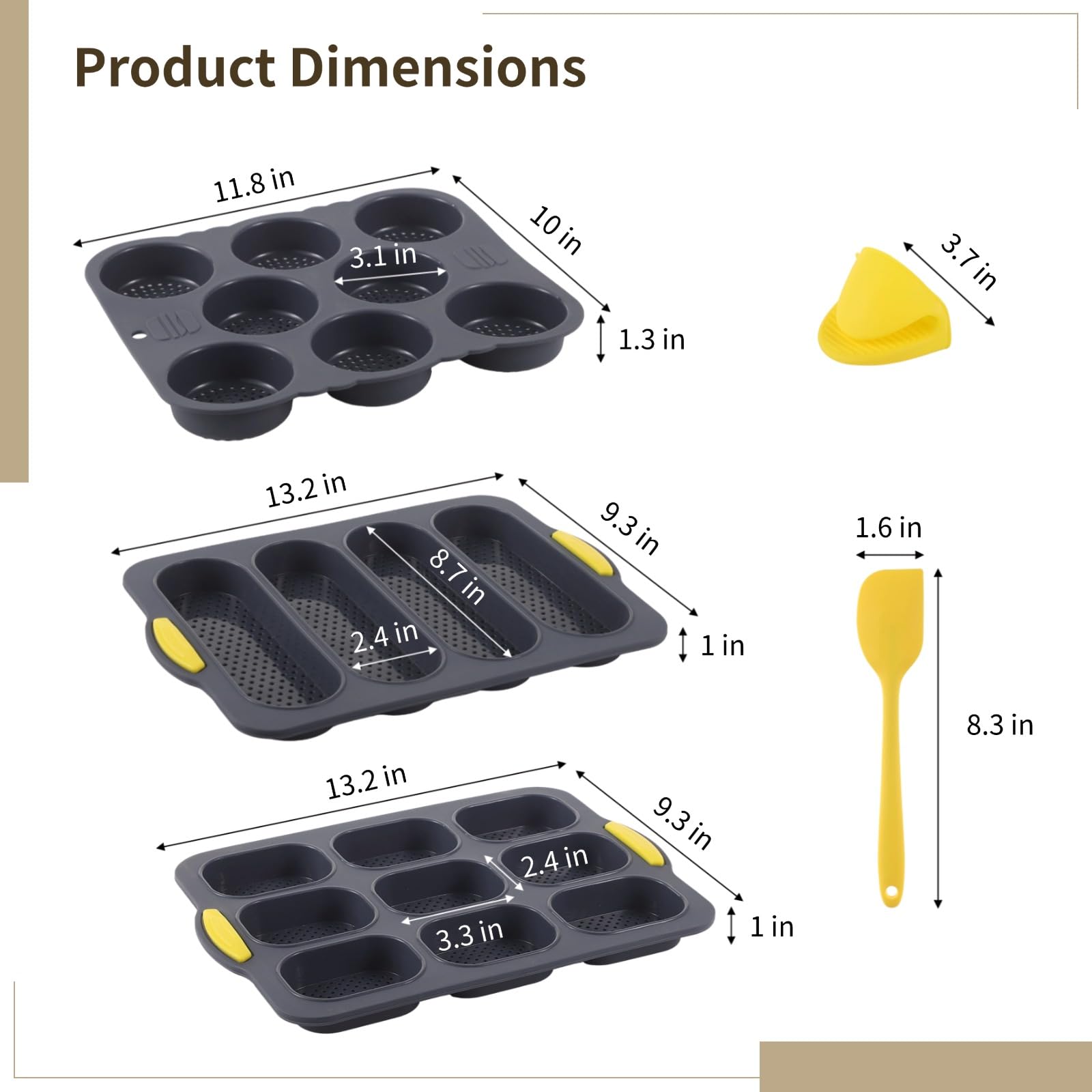 Juego de 6 moldes para hamburguesas para hornear, molde de pan de hamburguesa de 4/8/9 tazas, molde de silicona para hornear pan francés con cepillo, espátula y guante de agarre, sartenes perforadas