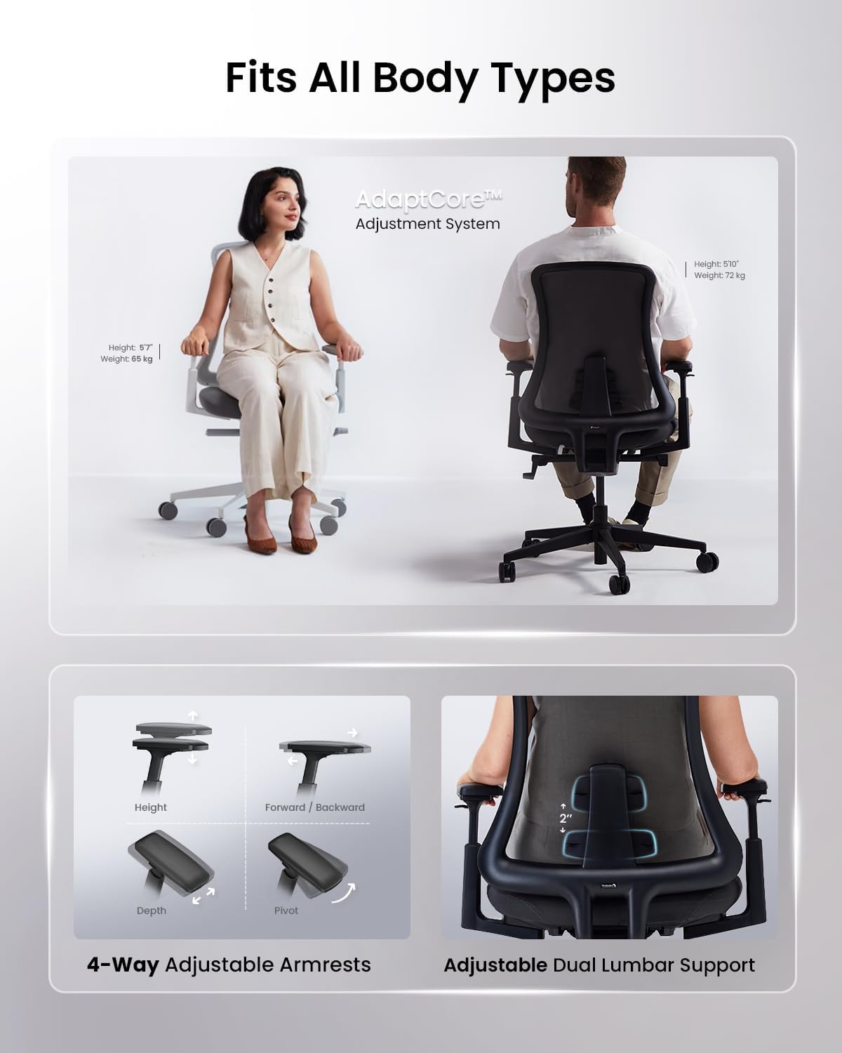 ProtoArc Ergonomiczne krzesło biurowe – Flexer Pro nylonowe oddychające krzesło siatkowe, dwuczęściowe regulowane podparcie lędźwiowe, regulowane podłokietniki 4D, krzesło komputerowe do domu / biura
