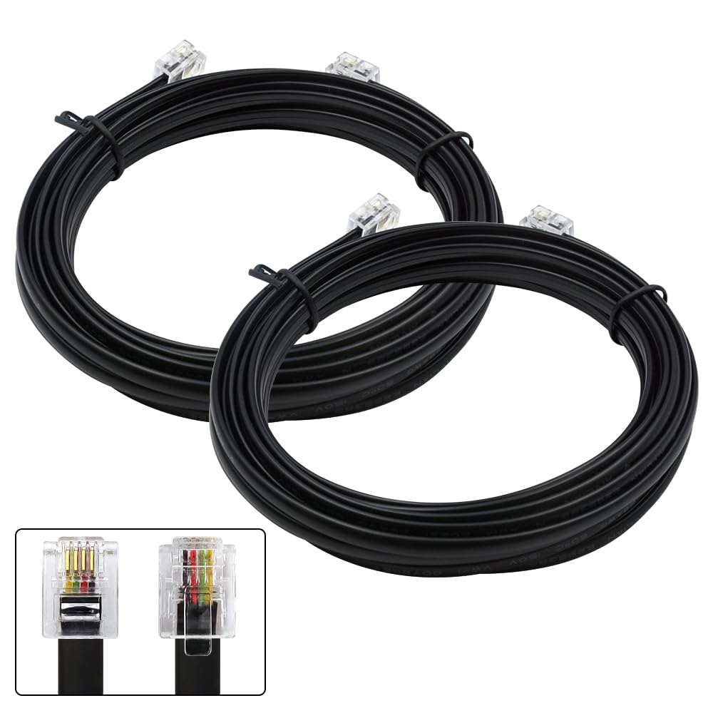 Phone Cable 15 Feet Telephone Line Cord with RJ11 6P4C Connectors for Landline Phone, Fax Machine and Modem, for Both in-Wall and Out-Wall Using, Black, 2 Pack, AV04608