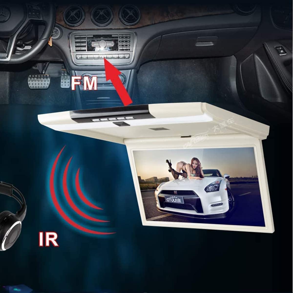 Supporto per tettuccio Flip Down Video Monitor per auto, Display ad alta risoluzione Monitor per supporto HDMI FM trasmettere SD/USB Ingresso 17,3" (nero)
