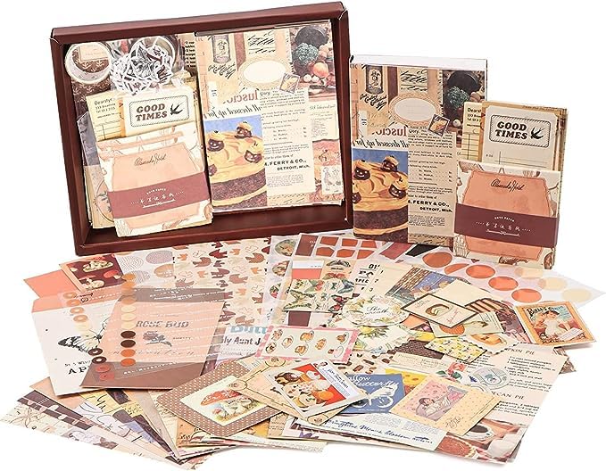 Mincer Aesthetic Junk Journal Supplies Paper Art Journaling Kit DIY Sticker Craft Pack with A6 Notebook | 346pcs Vintage Scrapbook Stickers Kit for Wall Decor (Brown) (Pack of 1)