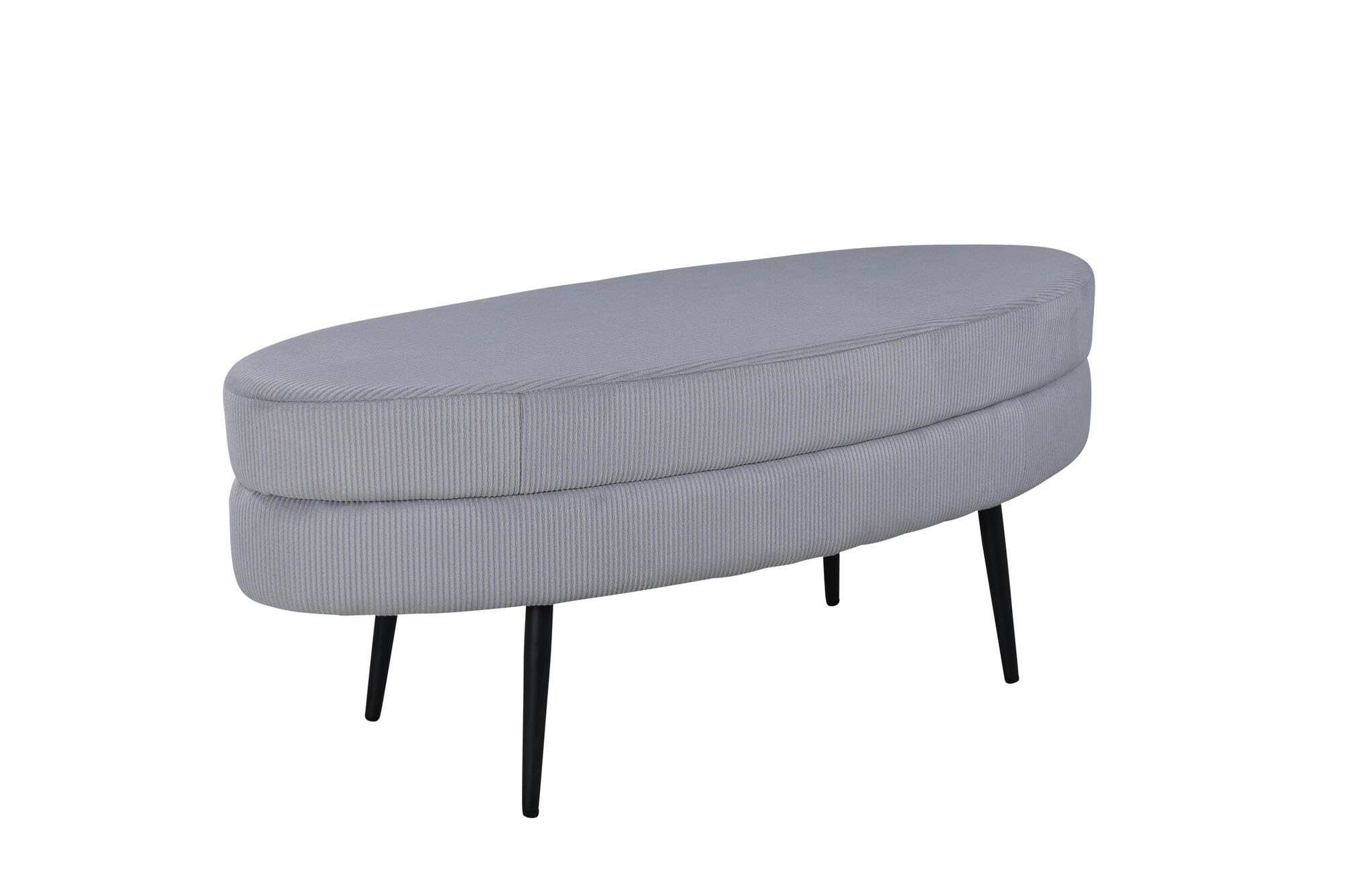 Ottoman, tela textil de pana de poliéster, gris claro, 100 x 40 x 41 cm, ovalada, patas de acero negro, altura del asiento 40 cm