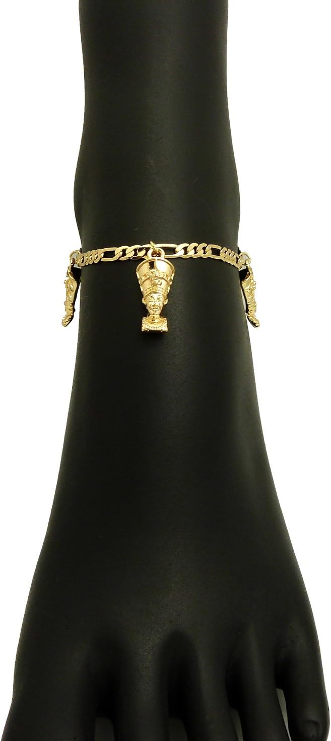 Fashion 21 Women's Egypt Ankh, Horus Bird, Nefertiti, Anubis, Pyramid Charms 3.5mm 10" Figaro Chain Anklet (Style - 5)