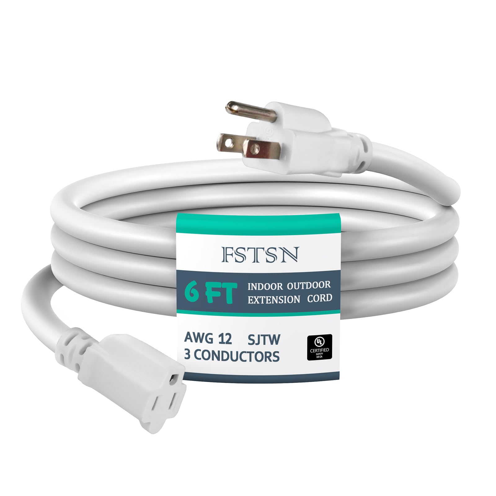 6 ft Heavy Duty Extension Cord - 12/3 SJTW 15 AMP Indoor Power Cord with 3 Prong Grounded Plug for Lawn Mower, Appliances, Workshop, Christmas Lights Water Resistant Flexible Cable White.