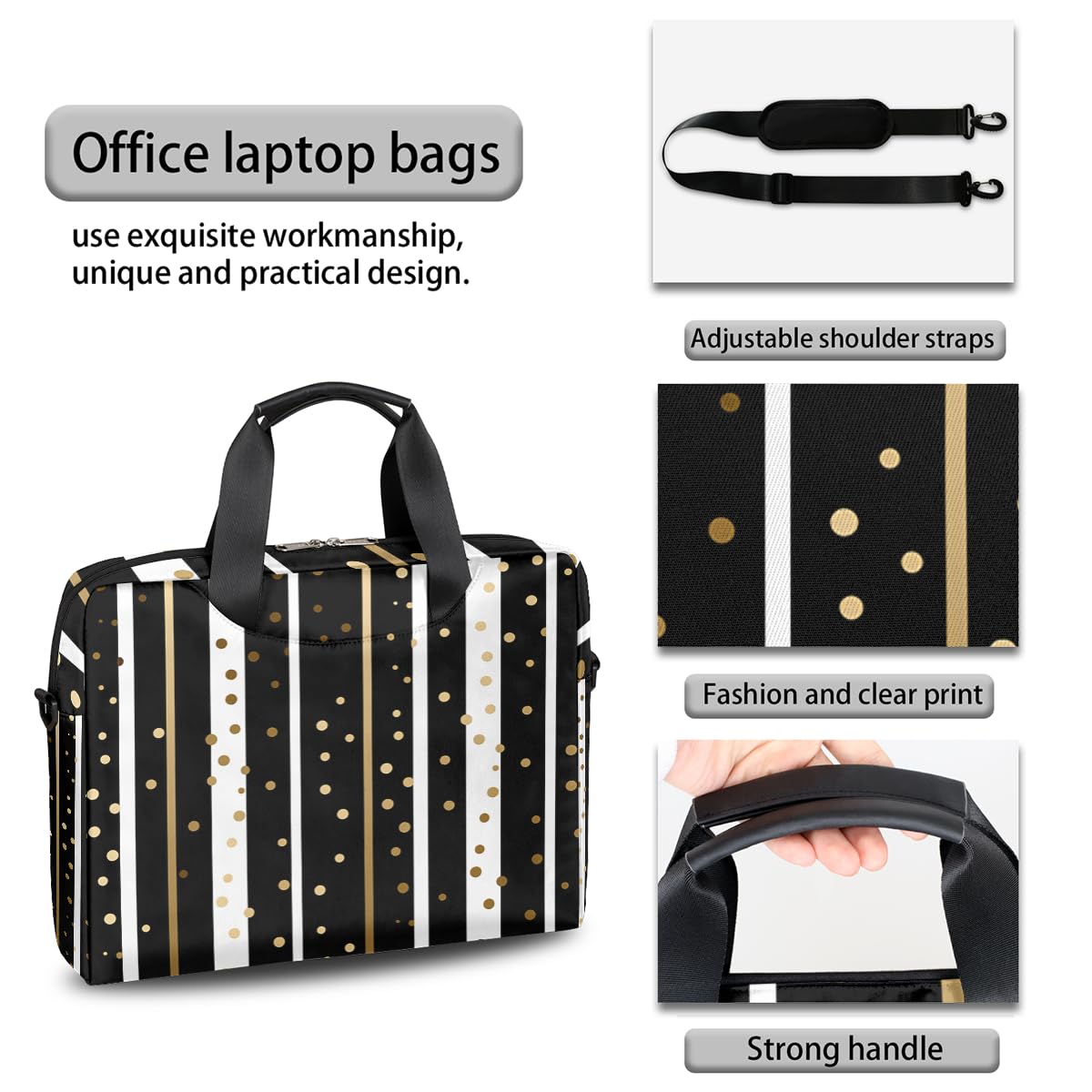 Borsa per computer portatile da 15,6 pollici da 16 pollici con linee a pois dorate, custodia per computer portatile, impermeabile, borsa a tracolla per donne e uomini, Nero