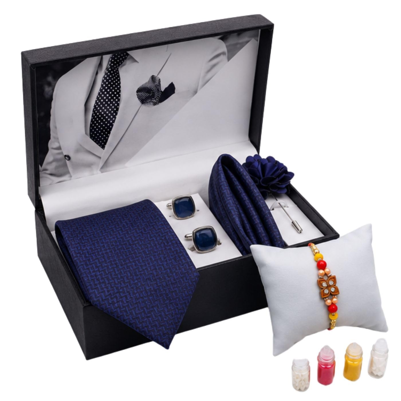 calixto Men's Premium Accessories Gift Set Necktie, Pocket Square, Cufflinks, Lapel Pin & Rakhi with Roli Chawal – Perfect Gift Hamper for Raksha Bandhan-picture-15