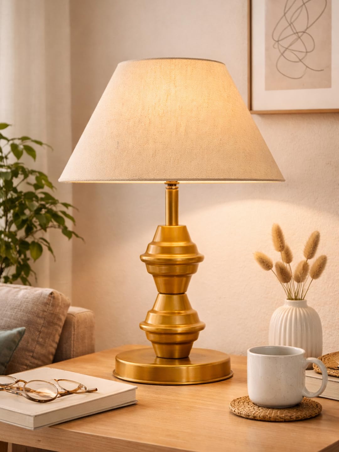 Modern Gold Table Lamp with Turned Spindle Metal Base & Fabric Shade – Decorative Bedside Lamp for Living Room, Bedroom, Office Desk | Contemporary Nightstand Lamp (Jute)-image-36