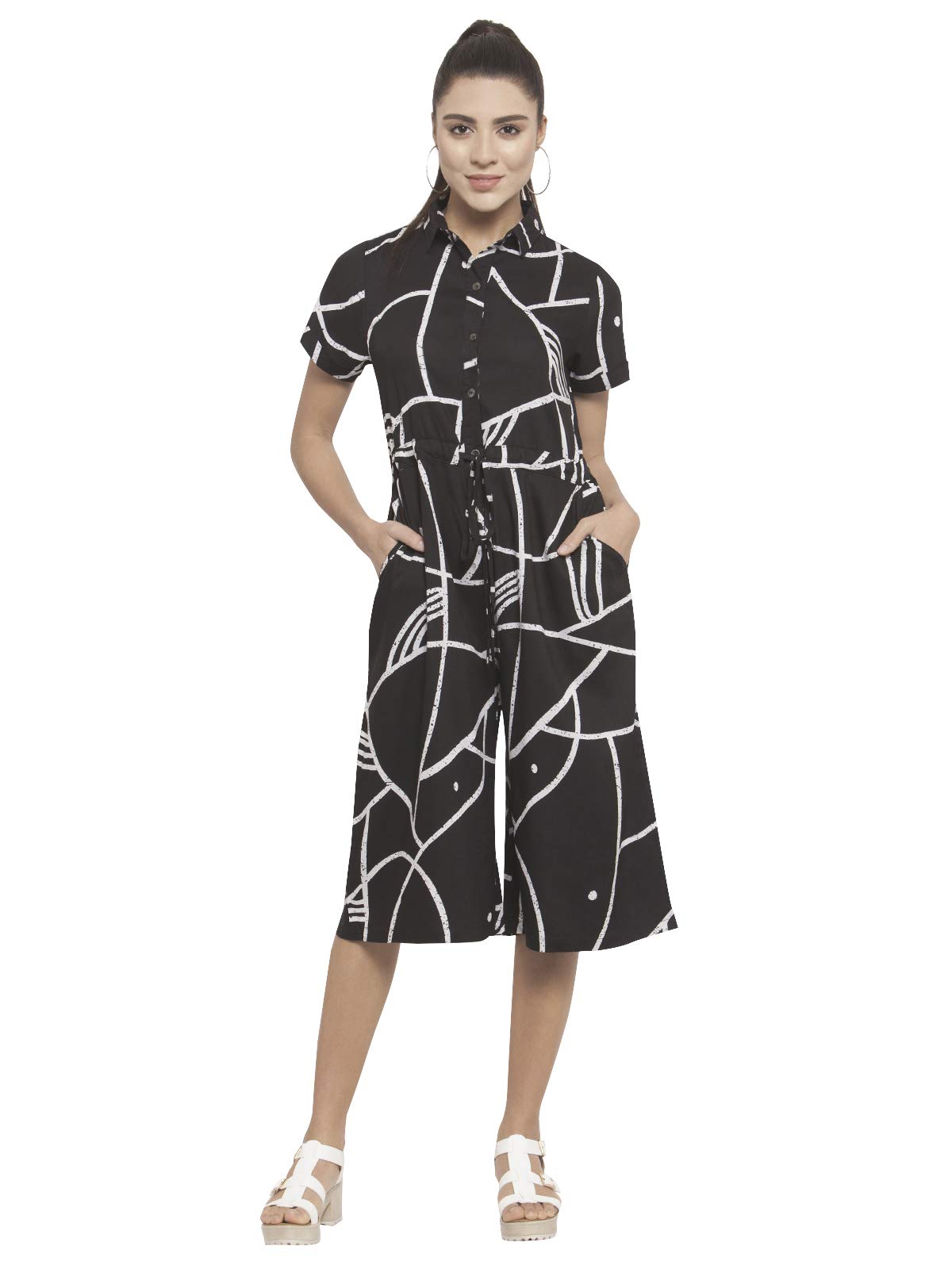 Martini Women Printed Drawstring Rayon Western Stylish Jumpsuits for Girls (Black, Size : S -XL)