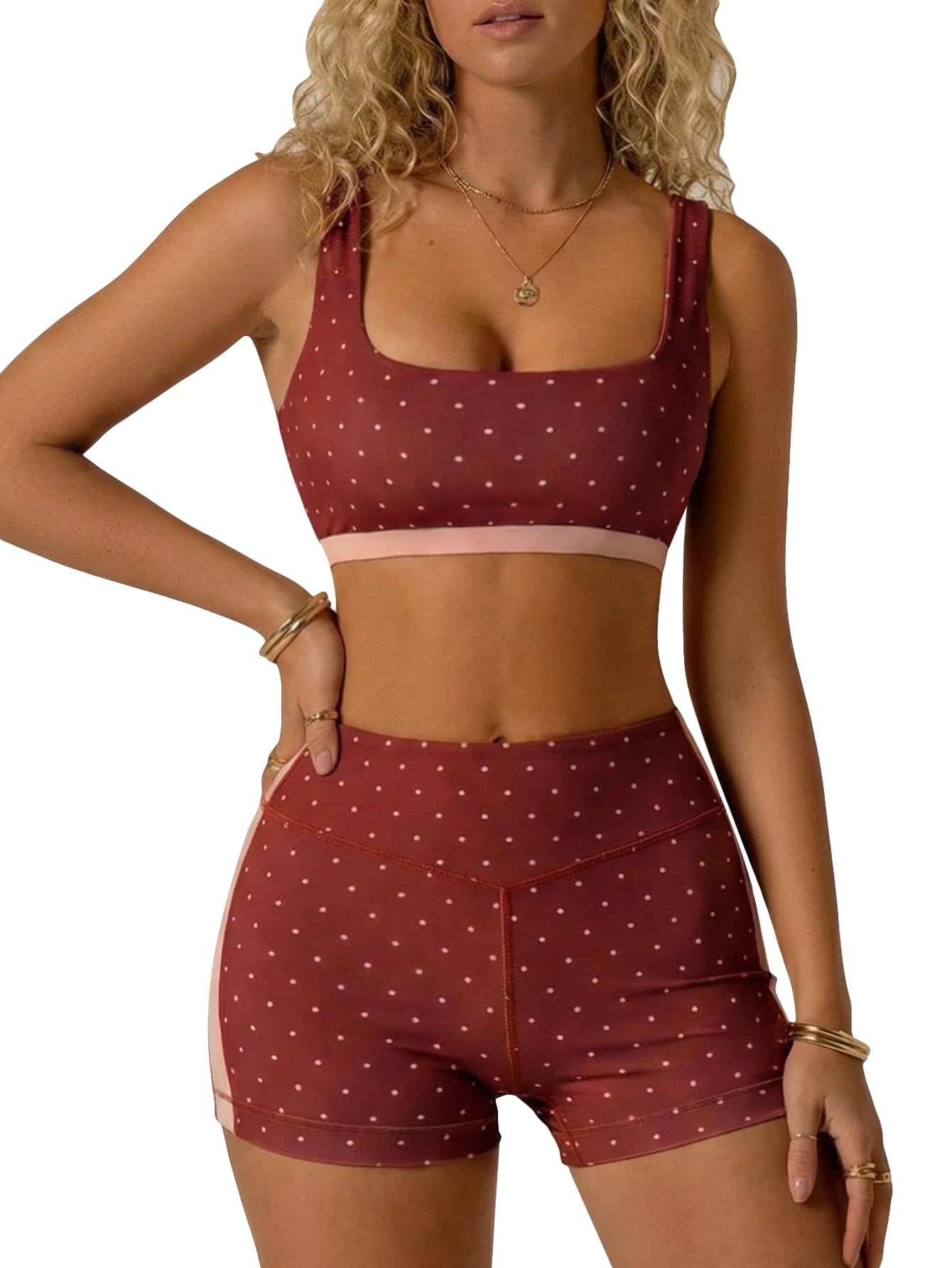 Milumia Womens Polka Dots Workout Set 2 Piece Color Block Yoga Outfit Bra Tank High Waisted Biker Shorts