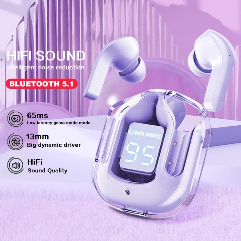 Image of Crystal Wireless Earbuds, Transparent Charging Case and LED Digital Display, Bluetooth Earphones with ENC Noise Cancelling, Touch Control, Google Assistant and Siri Suppor