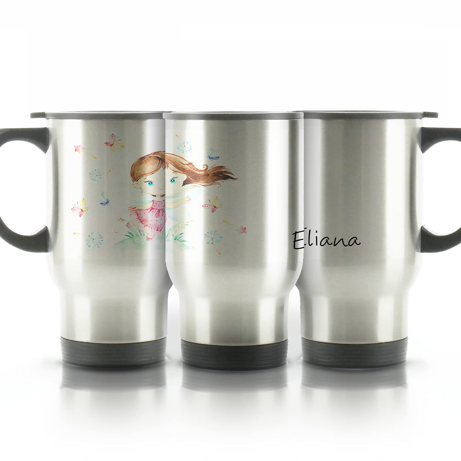 Hairyworm Personalised Travel Mug, 400ml Silver Stainless Steel Travel Mug with Handle, Customised with Initial/Name, Butterfly Hill Fairy Design Print