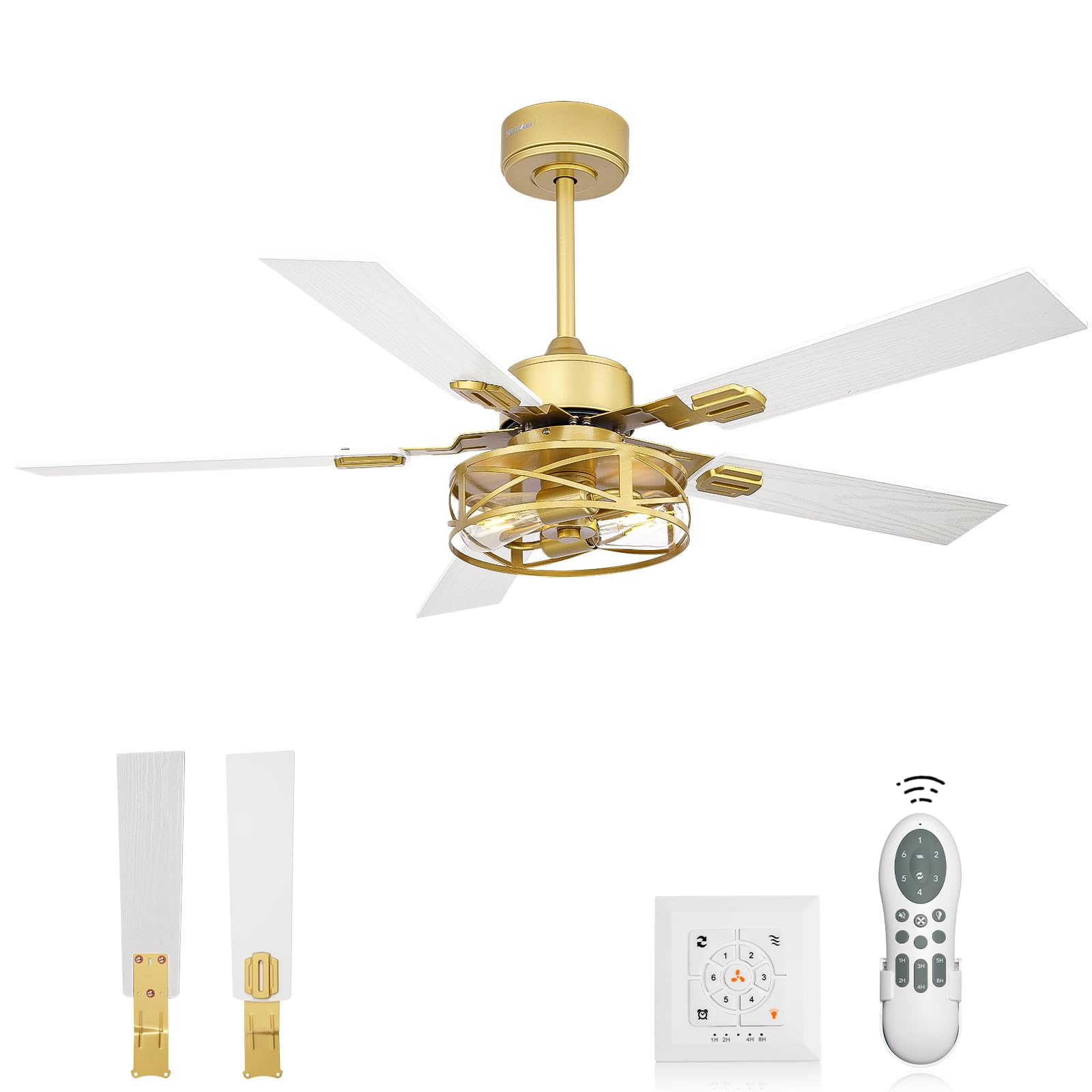 YOUKAIN 48 Inch Ceiling Fans with Lights, Farmhouse Ceiling Fans with Wall Switch and Remote Control, 5-Reversible, Gold Finish, Outdoor Ceiling Fan for Cover Patio, 48-YJ632-GDW-WS